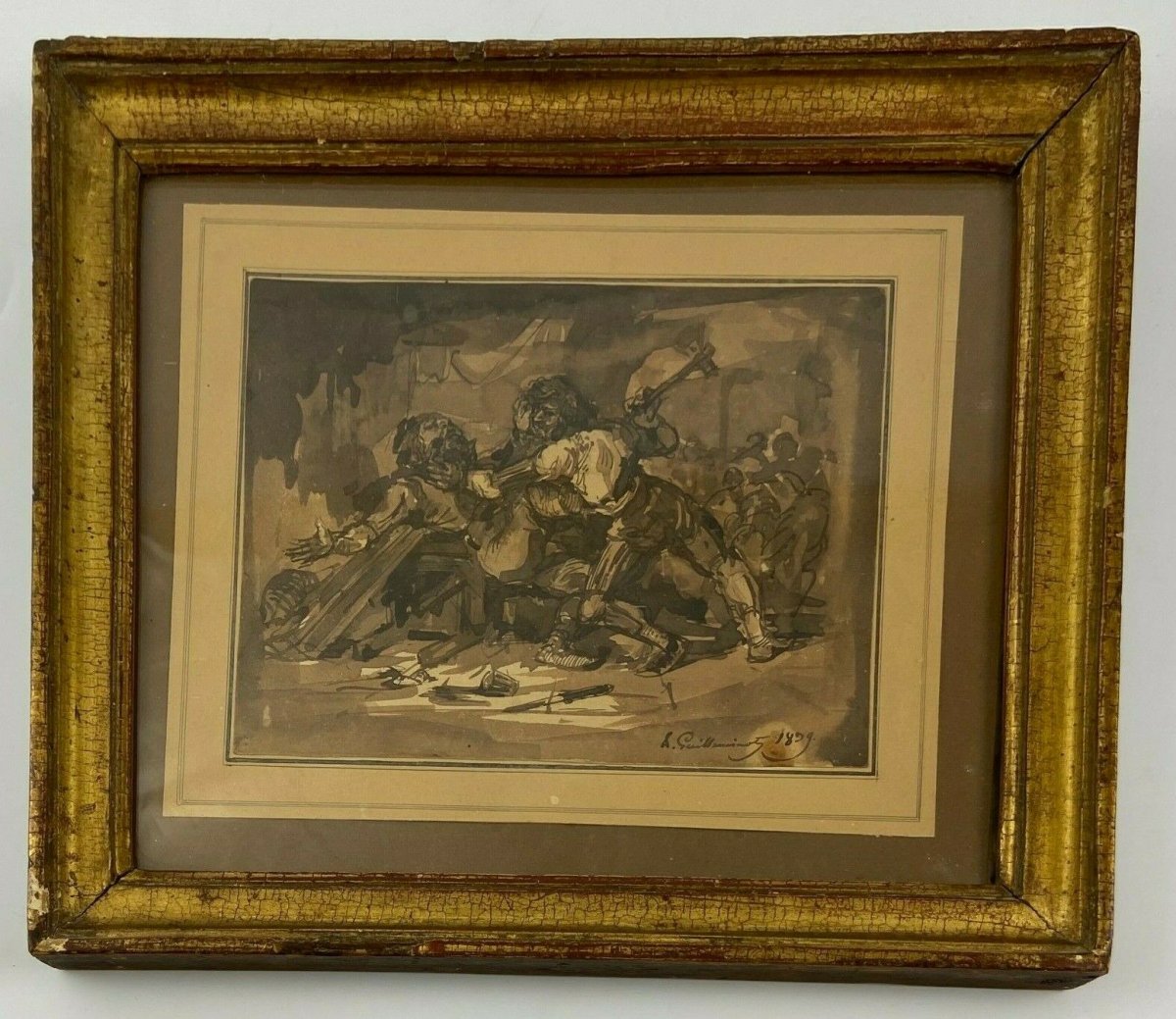 Dessin lavis Scène de bataille par Armand Guilleminot 1899 Cadre doré 