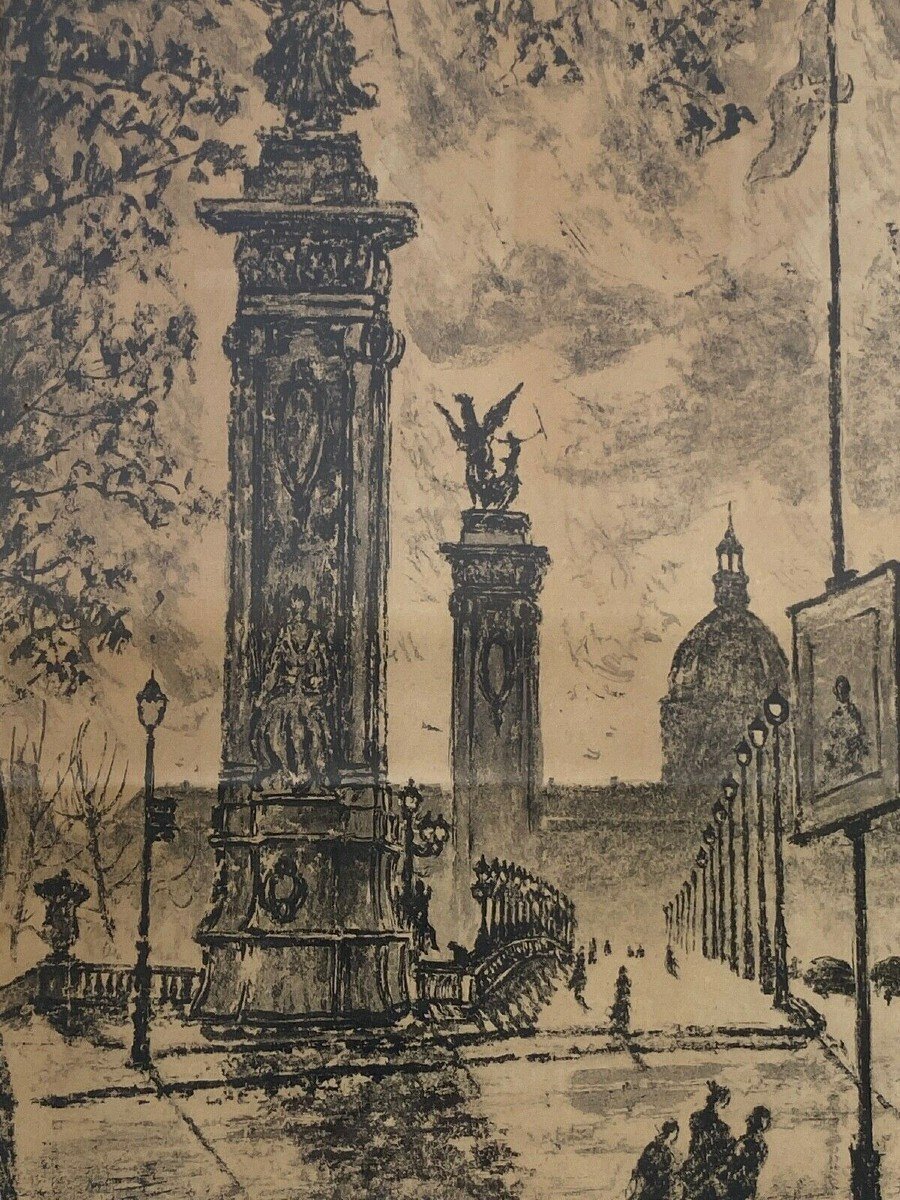 Dessin par Yonosuke Hoshizaki Vue du pont Alexandre III Paris 1951-photo-3