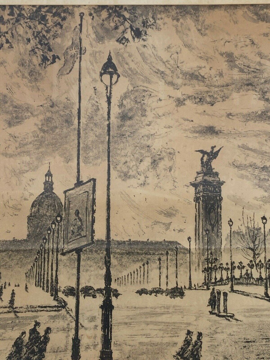 Dessin par Yonosuke Hoshizaki Vue du pont Alexandre III Paris 1951-photo-4