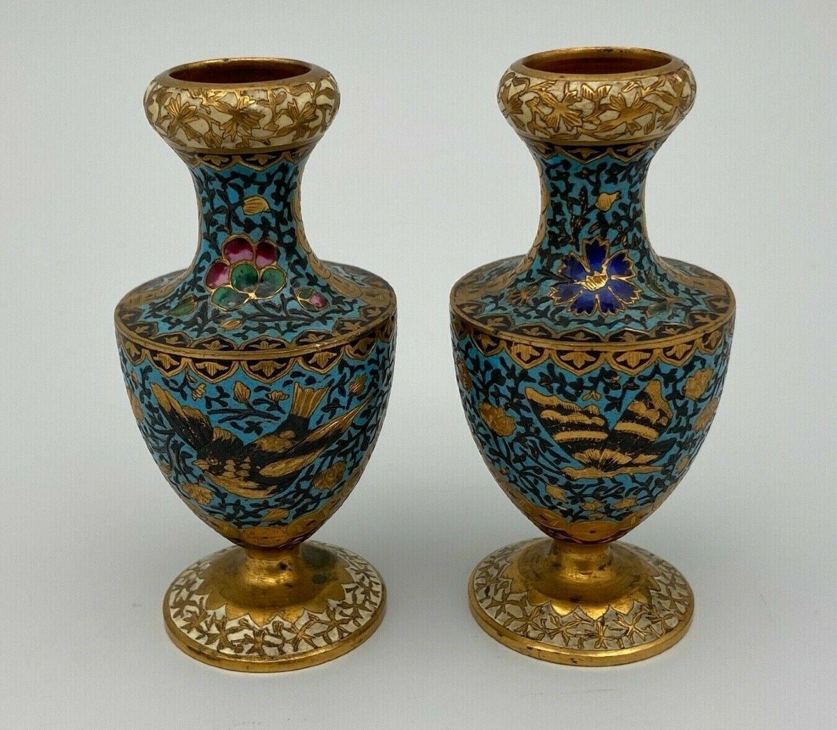 Pair Of Cloisonne Vases In Bronze XIX Eme Decor D Barbedienne Birds-photo-2