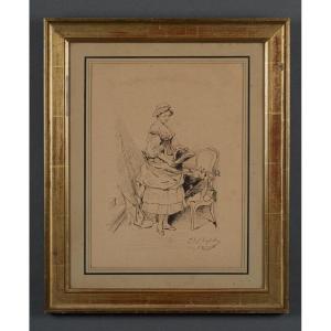 Dessin à la plume par Charles Chaplin Jeune femme au fauteuil 1876
