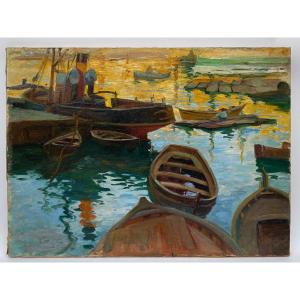 Oil On Canvas Careening Basin Marseille Port Scene 1930 By Denys H. Or Lenys H.