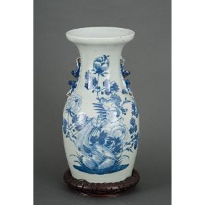 Blue And White Chinese Vase XXth Decor Of Birds And Flowers