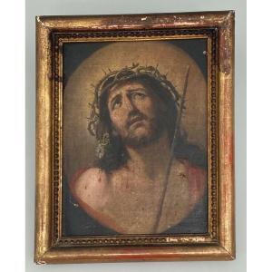 Huile sur toile représentant le Christ implorant Fin XIXe Cadre perlé