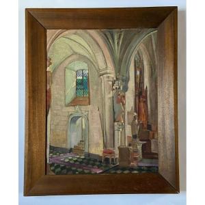 Huile sur toile par Martin Dobuin 1941 Intérieur d'église Double face