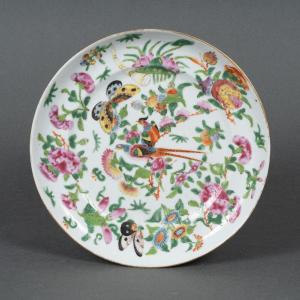 19th Canton Porcelain Plate With Floral And Butterfly Decor