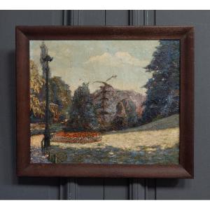 Huile sur toile par André Marait 1921 paysage jardin fleuri XXe