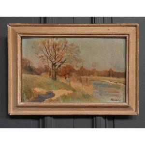 Oil On Panel By Félix Labbé XXth Banks Of The River With Ceruse Frame