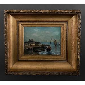 Oil On Panel Marine Scene Signed 20th Century Gilt Leaf Frame