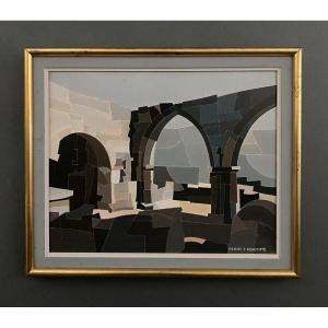 Oil On Canvas Alain l'Hermitte Lhermitte Geometric Architecture 20th Century