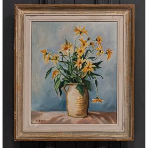 Huile sur toile par C. Suire bouquet de fleurs XXe cadre cérusé