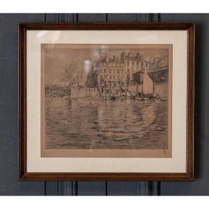 Gravure René Pinard l'Ile Feydeau à Nantes bateaux 1926 contresignée