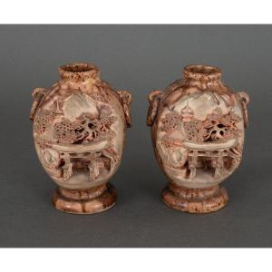 Pair Of Banko Ware Vases From China In Ceramic With Temple And Pagoda Decor