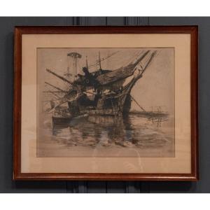 Engraving René Pinard The Old Frigate Clorinde Boats Nantes 1st State