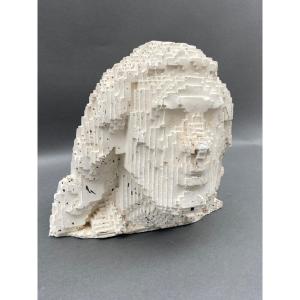 Sculpture In Cellular Concrete Pixelation Of A Man's Face 1970