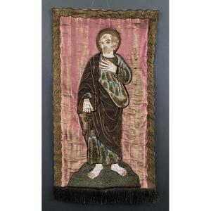 18th Century Tapestry On Silk Representing An Embroidered Saint
