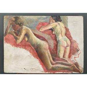Portrait de femmes nues allongées atelier de Guillot Rafaillac huile XXe