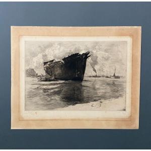 Gravure par René Pinard 1914 contresignée 56/80 bateau le vieux brick devant Chantenay