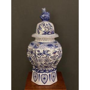 Pot couvert potiche décor Delft AD chien de Fô chinois oiseaux