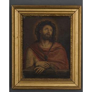 Huile sur toile Ecce Homo XIXe représentation du Christ en béatitude
