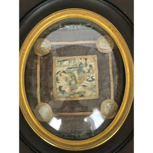 Square Of Silk In 19th Century Chinese Embroidery In Blackened Brass Pear Wood Frame