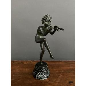 Art Deco Bronze Subject By Georges Albert Clerc Woman Double Flutes