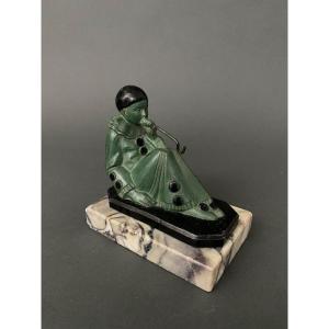 Art Deco Watch Holder In Regula With Green Patina 1930 Pierrot Marble Base