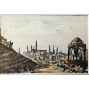 Watercolor Exotic Landscape The Valley Of The Caliphs Overview Of Cairo