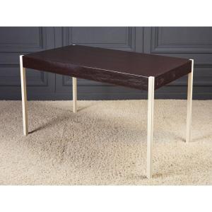 1960 Desk Decorated With Brown Skai, White Lacquered Tubular Base