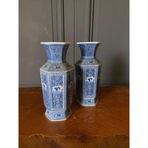 Pair Of Japanese Hexagonal Blue Background Vases With Cut Sides Dec 739