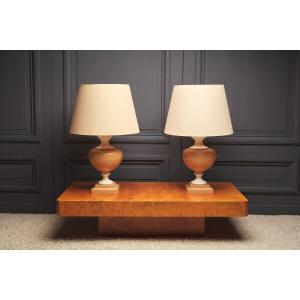 Pair Of Tertre 1980 Double Patina Resin Lamps