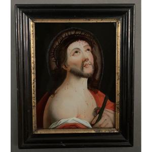 Fixed Under Glass At The End Of The 18th Century, Christ Imploring, Natural Wood Frame