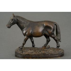 19th Century Miniature Bronze Draft Horse With Dark Brown Patina