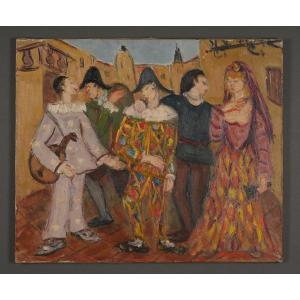 Oil On Canvas By J. Pegeaud-deva Costumed Characters Mid-20th Century