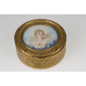 Brass Box Decorated With A Late 18th Century Miniature Costume Initials