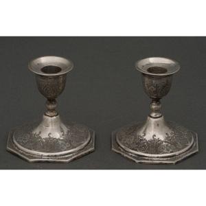 Pair Of 19th Century Persian Candlesticks In Engraved Silver With Bird Decoration, Hallmarks 84