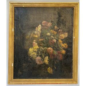 Oil On Canvas Signed Bouquet Of Flowers 18th Century Frame With Golden Baguette