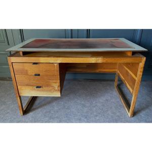 Desk With Three Drawers, French Work, Leather Draw Rings, 1960 