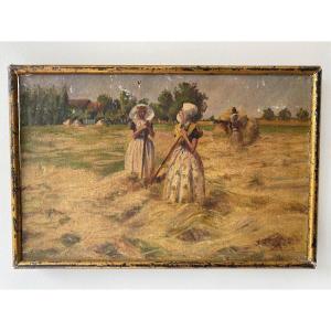 Oil On Canvas By Geffroy Women At The Harvest Early 20th Century