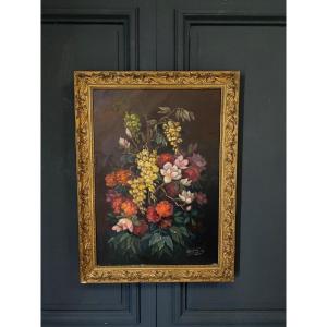 Huile sur toile par Picquet nature morte bouquet de fleurs 1930