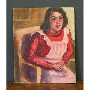 Huile sur panneau jeune fille à la robe rose 1940 par Guillot de Raffaillac