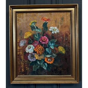 Oil On Panel By Picquet Still Life Bouquet Of Flowers 20th Century