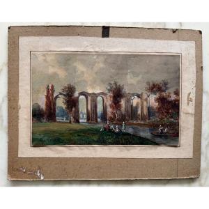 Watercolor On 19th Century Paper By Frédéric Legrip Representing A Canal Edge
