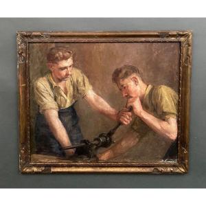 Huile sur toile deux ouvriers à l'ouvrage 1930 par F. Saint Pasty