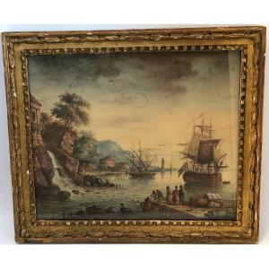 Watercolor 18th Century Port Scene With Waterfall And Ships In Gilded Wooden Frame