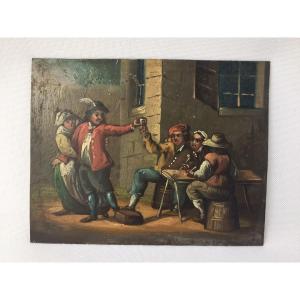 Peinture sur cuivre XIXe scène de taverne hollandaise miniature