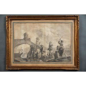 18th Century Drawing, Scene Of Horsemen Near A Bridge, Golden Frame