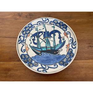 Iznik Dish Caravel Decoration Mid-20th Century Cb Marking