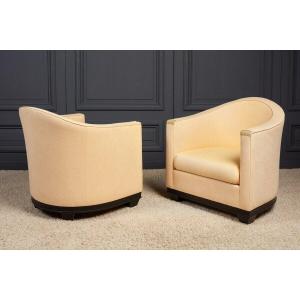 Pair Of First Time Art Deco Armchairs 1930 Cream Fabric Wooden Structure