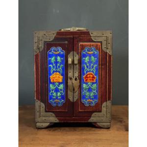 Cabinet Jewelry Box With Drawers From China Enamel And Brass Plates 20th Century